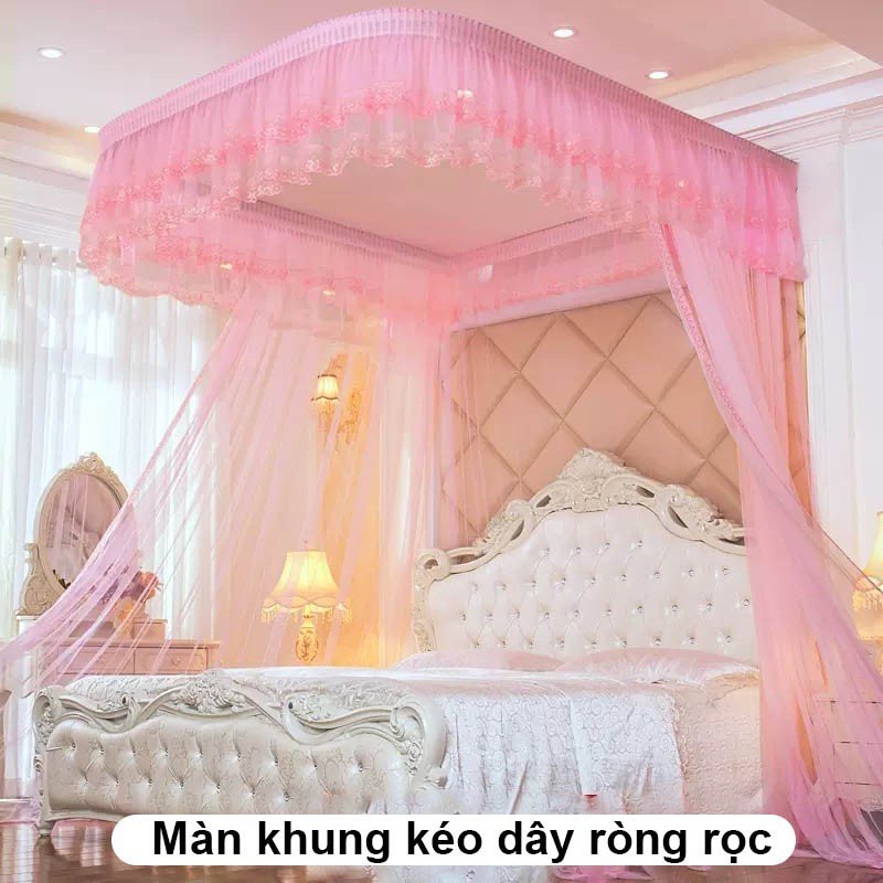 Màn khung không khoan tường có dây kéo ròng rọc cao 2m25   3 cửa , mùng ngủ cao cấp- Chống muỗi