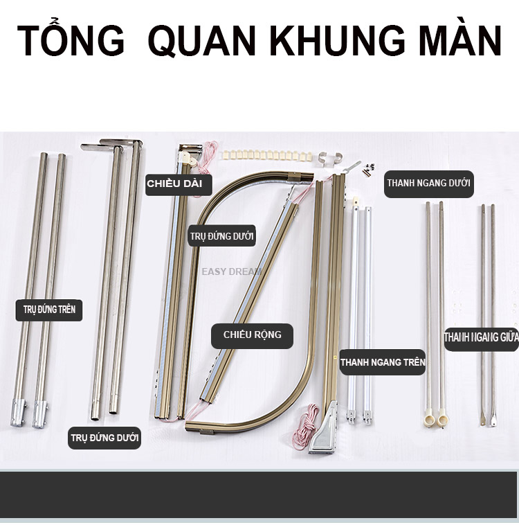 Màn khung kéo dây ròng rọc không khoan tường  + tăng chỉnh chiều cao  Mùng ngủ cao cấp hiện đại chống muỗi sang trọng - quà tặng màn ngủ khách sạn resort - homestay