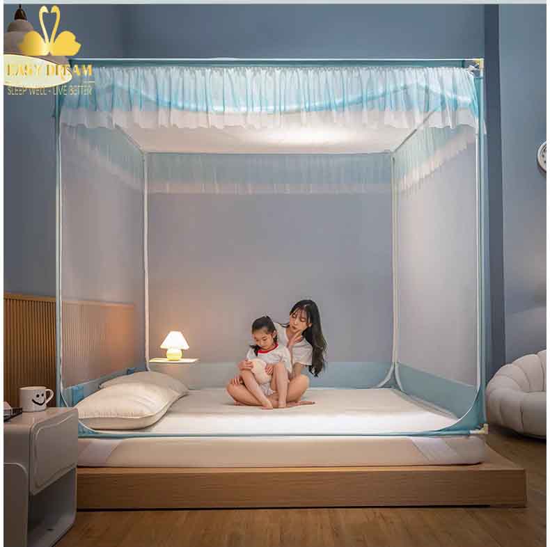 Màn khung vuông không khoan tường nằm dưới sàn để trên giường đều được