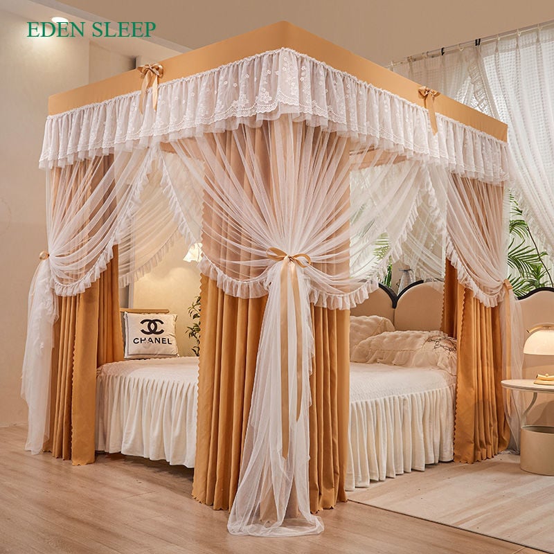 EDEN SLEEP Màn chống muỗi gia đình 3 cửa, mùng khung  rèm vải cản sáng,trọn bộ màn khung vuông dày dặn chống bụi 2 lớp