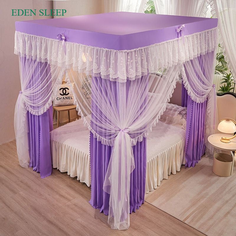 EDEN SLEEP Màn chống muỗi gia đình 3 cửa, mùng khung  rèm vải cản sáng,trọn bộ màn khung vuông dày dặn chống bụi 2 lớp