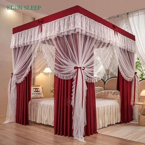 EDEN SLEEP Màn chống muỗi gia đình 3 cửa, mùng khung  rèm vải cản sáng,trọn bộ màn khung vuông dày dặn chống bụi 2 lớp