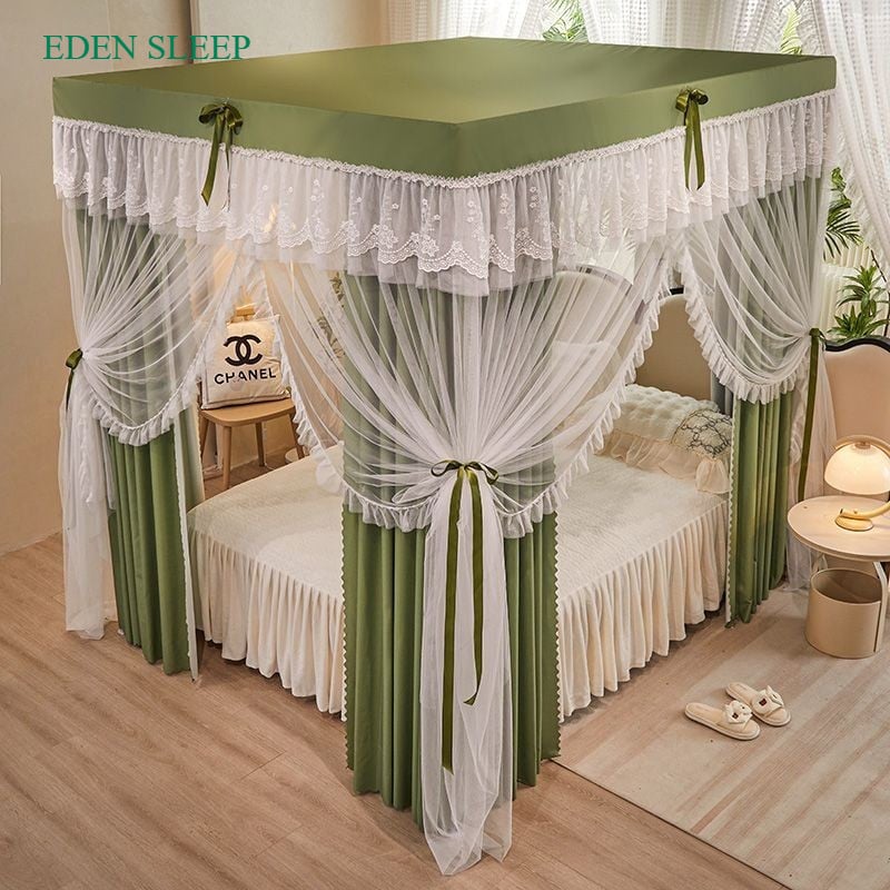 EDEN SLEEP Màn chống muỗi gia đình 3 cửa, mùng khung  rèm vải cản sáng,trọn bộ màn khung vuông dày dặn chống bụi 2 lớp