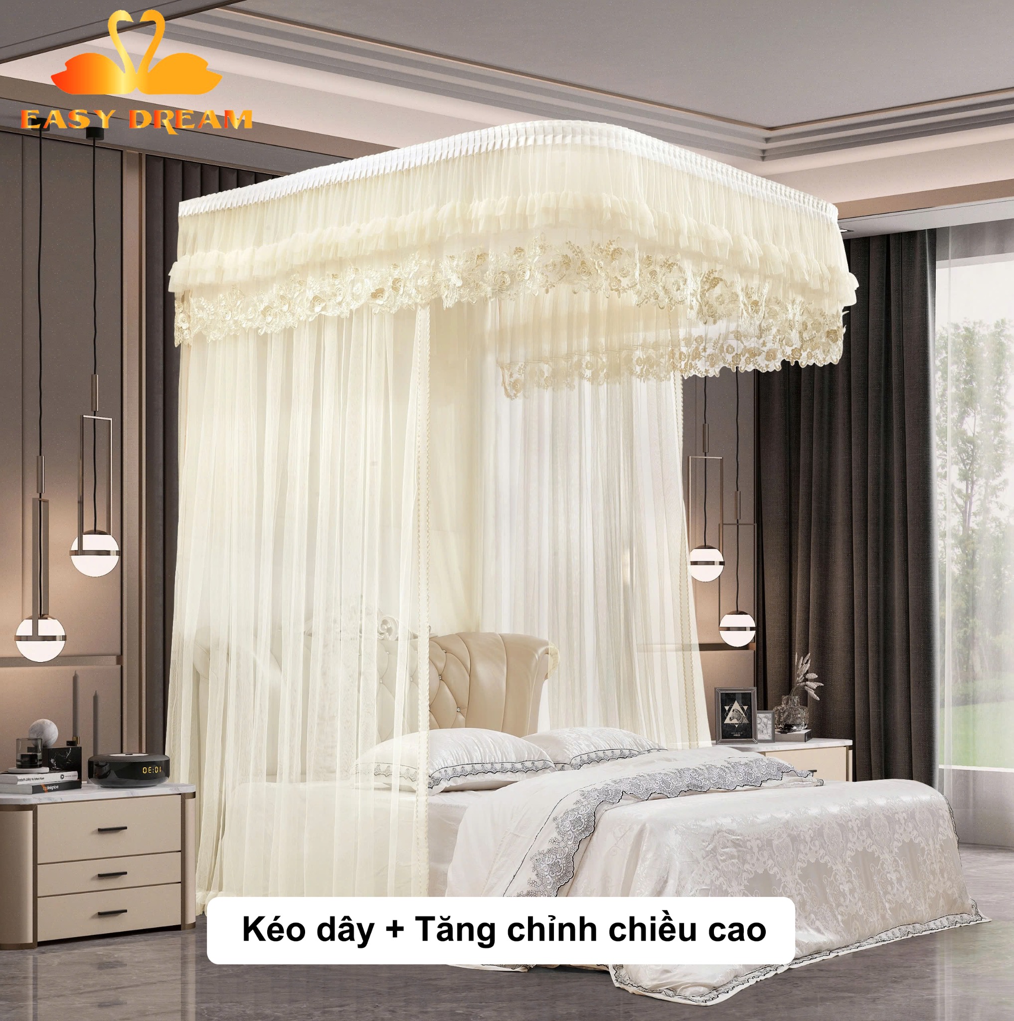 Mùng khung không khoan tường cao cấp EASY DREAM -Màn khung ròng rọc kéo dây tăng chỉnh được chiều cao