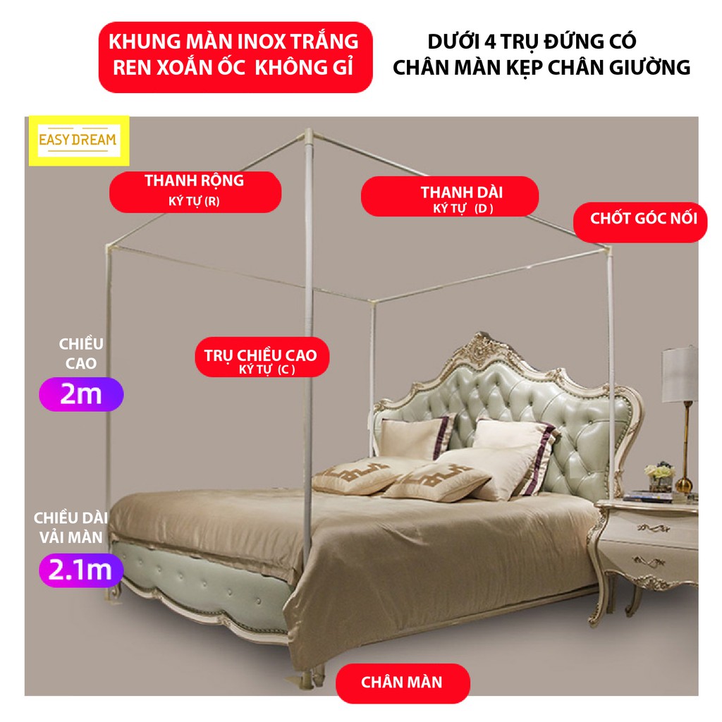 Mùng ( màn ) khung không khoan tường EASY DREAM  chống muỗi Mosquito Net dành cho giường 1.8  vải 2 lớp khung inox