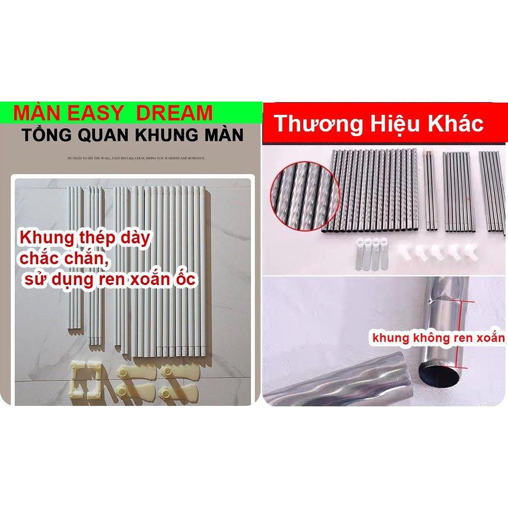 Mùng ( màn ) khung không khoan tường EASY DREAM  chống muỗi Mosquito Net dành cho giường 1.8  vải 2 lớp khung inox