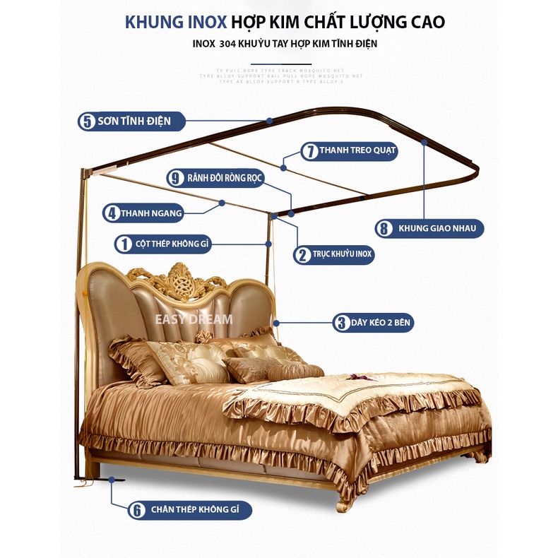 Màn khung ròng rọc cao cấp không khoan tường Mùng ngủ  có dây kéo - chiều cao 2m25  vải voan cao cấp