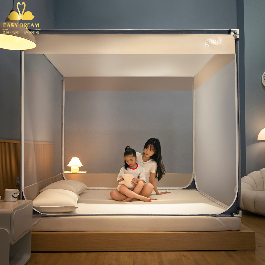 Màn khung vuông không khoan tường nằm dưới sàn để trên giường đều được