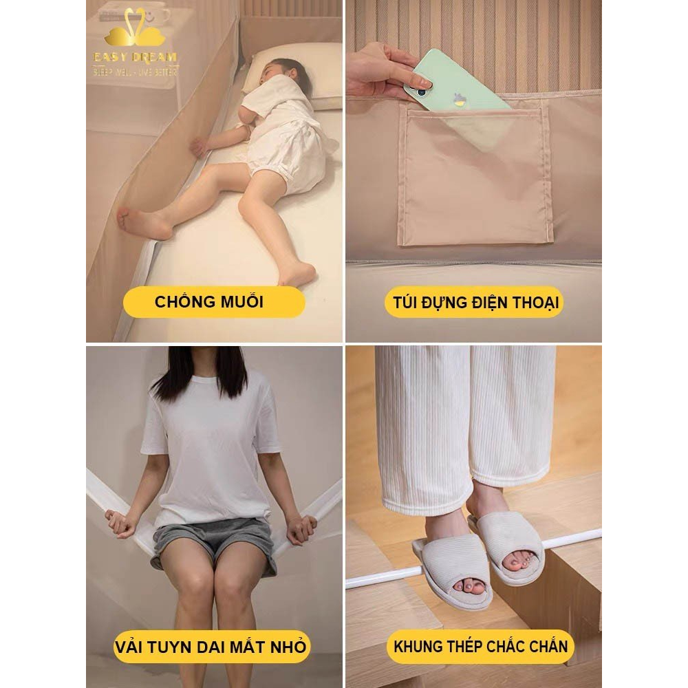 Màn khung vuông không khoan tường nằm dưới sàn để trên giường đều được