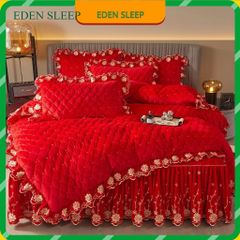 Bộ 4 món chăn ga nhung san hô trần bông thêu ren