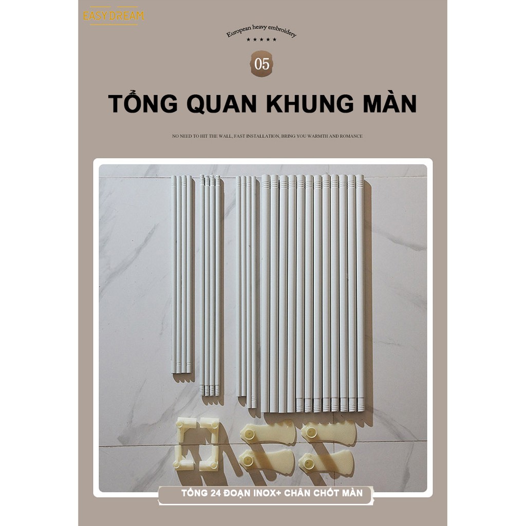 Mùng ( màn ) khung không khoan tường EASY DREAM  chống muỗi Mosquito Net dành cho giường 1.8  vải 2 lớp khung inox