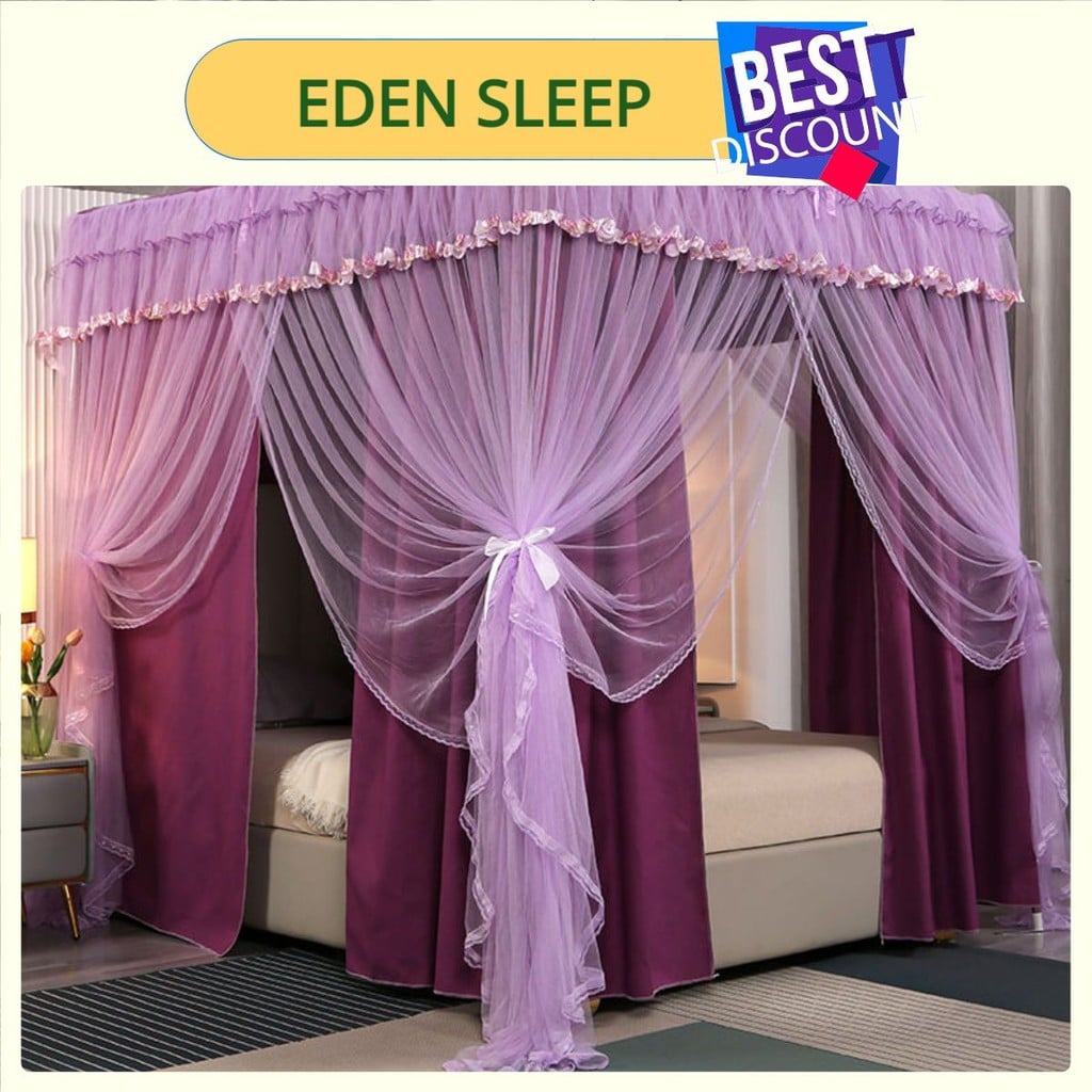 EDEN SLEEP Bộ màn chụp mùng chống muỗi có khung vuông, rèm giường 2 lớp cản sáng gia đình phong cách công chúa