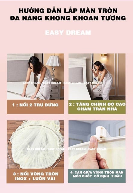 Màn tròn công chúa cao cấp Không khoan tường EASY DREAM Đa Năng  khung trụ  inox cao cấp không gỉ chất vải tuyn xịn