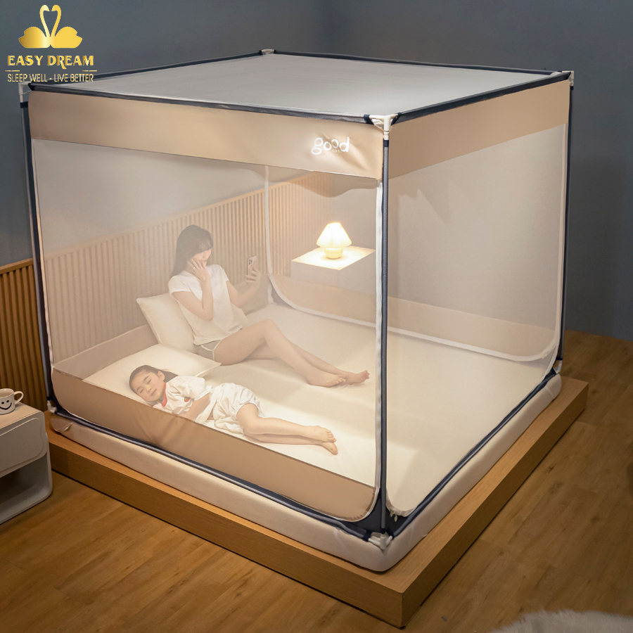 Màn khung vuông không khoan tường nằm dưới sàn để trên giường đều được