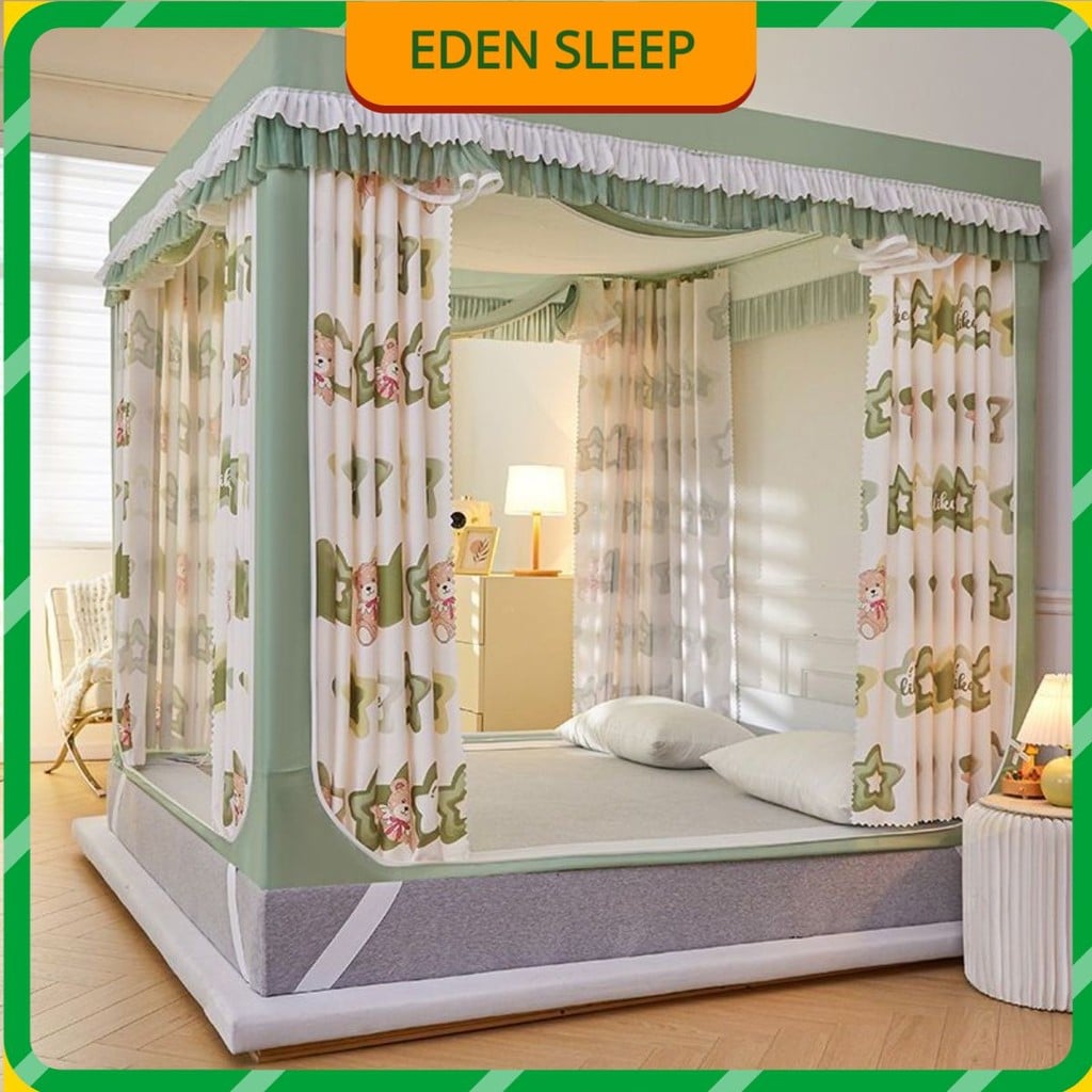 EDEN SLEEP Màn chống muỗi trẻ em rèm giường trọn bộ màn khung vuông khóa kéo 3 cửa,chống bụi 1.2m-2m mùng khung
