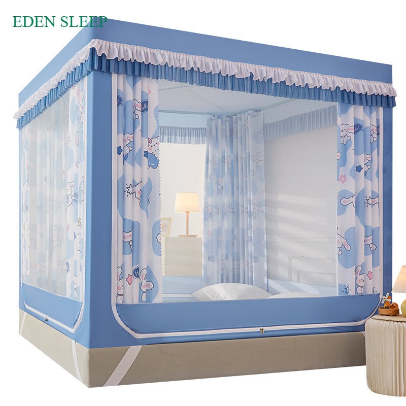 Màn Mùng khung vuông  kiểu mới Màn chống muỗi ba cửa có dây kéo tích hợp rèm