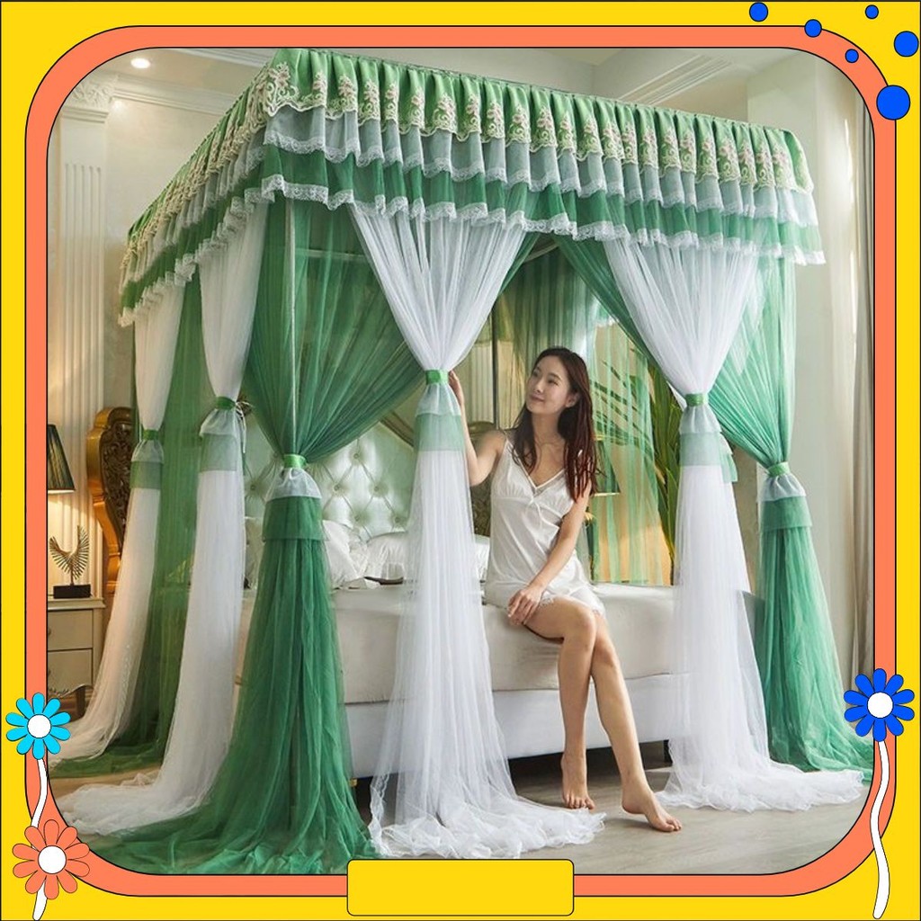 Mùng cung đình cao cấp 4 cột 2 lớp  Màn khung inox không khoan tường ,mùng ngủ công chúa