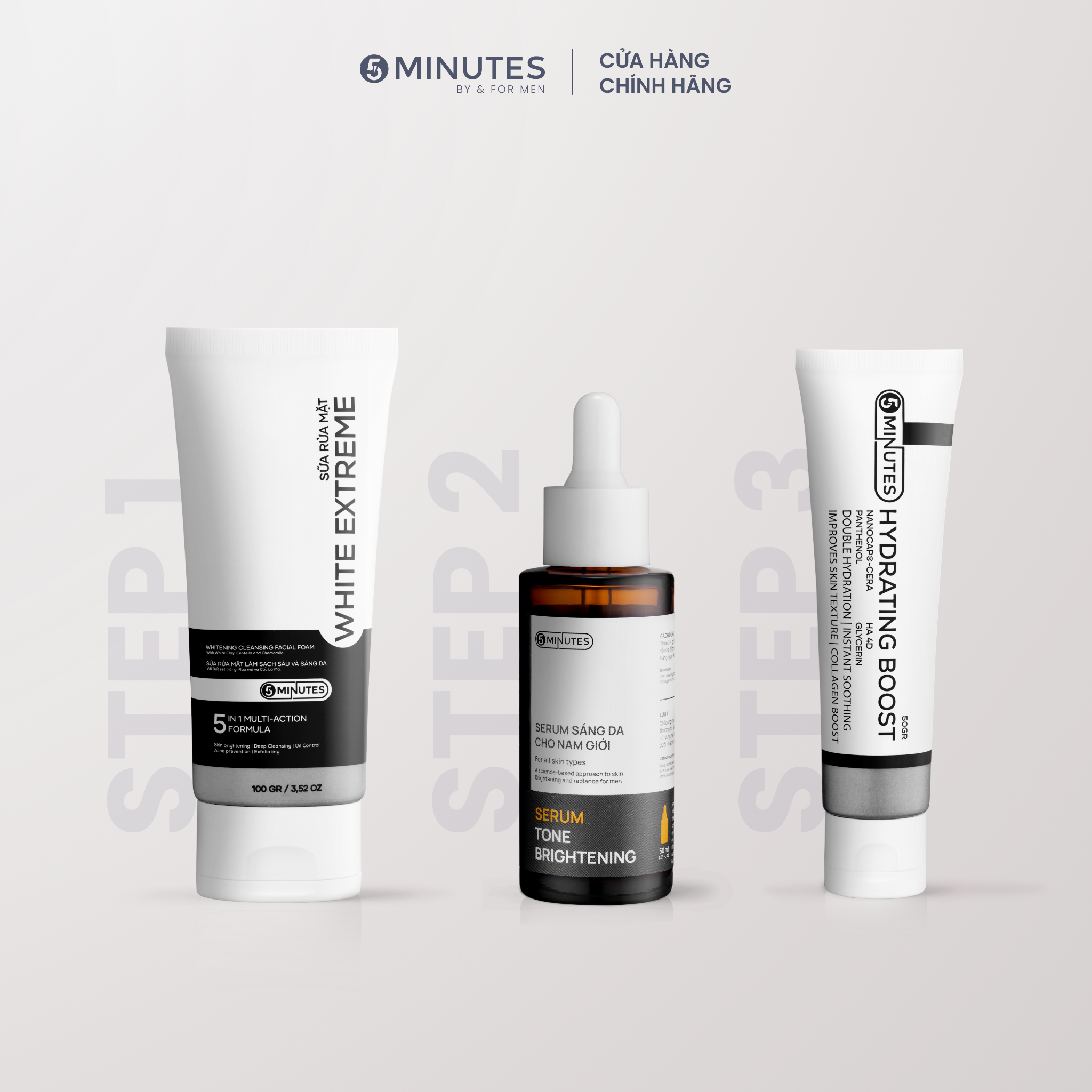  Combo 3 bước Sạch Sáng Khỏe gồm Sữa rửa mặt & Serum & Kem dưỡng cho nam giới 5MINUTES 