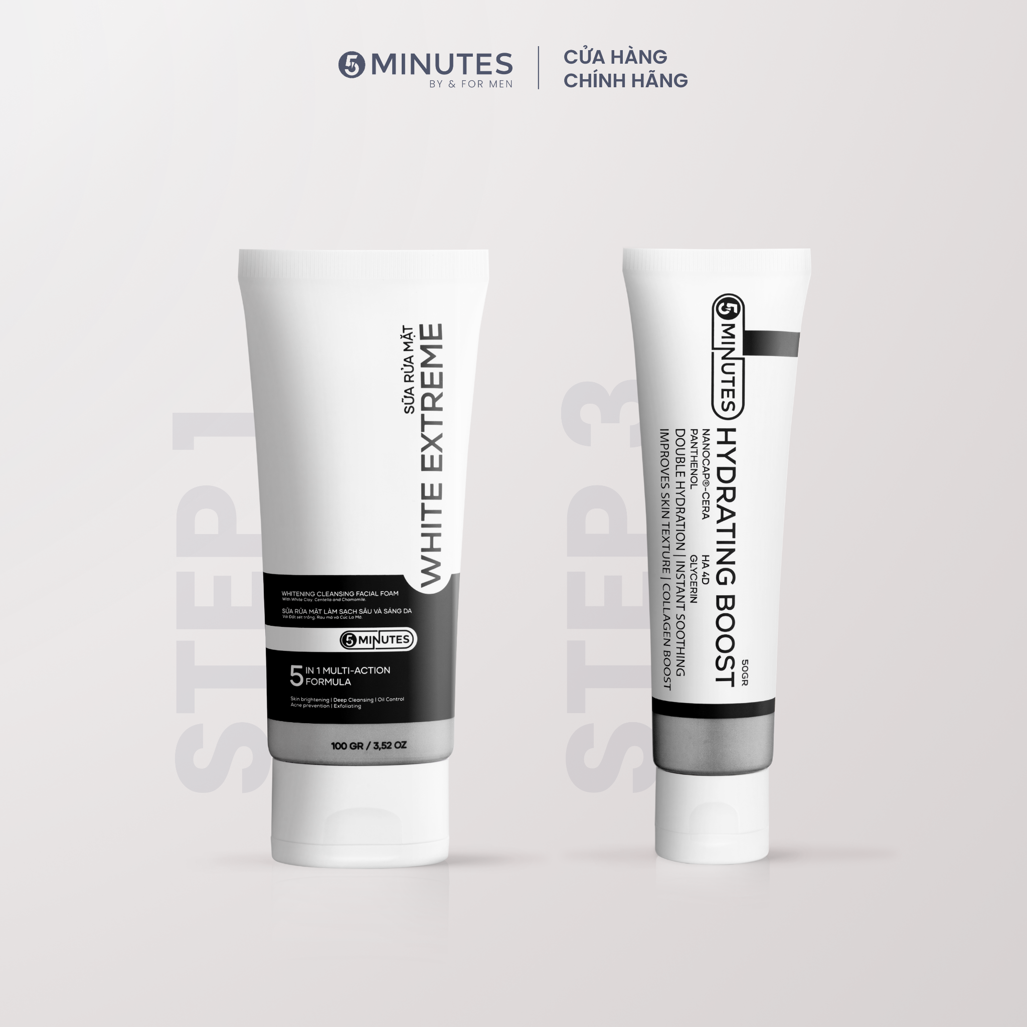  Combo 2 bước Sạch Sâu & Kiềm Dầu với Sữa rửa mặt nam giới 5MINUTES White Extreme & Kem dưỡng 5MINUTES Hydrating Boost 