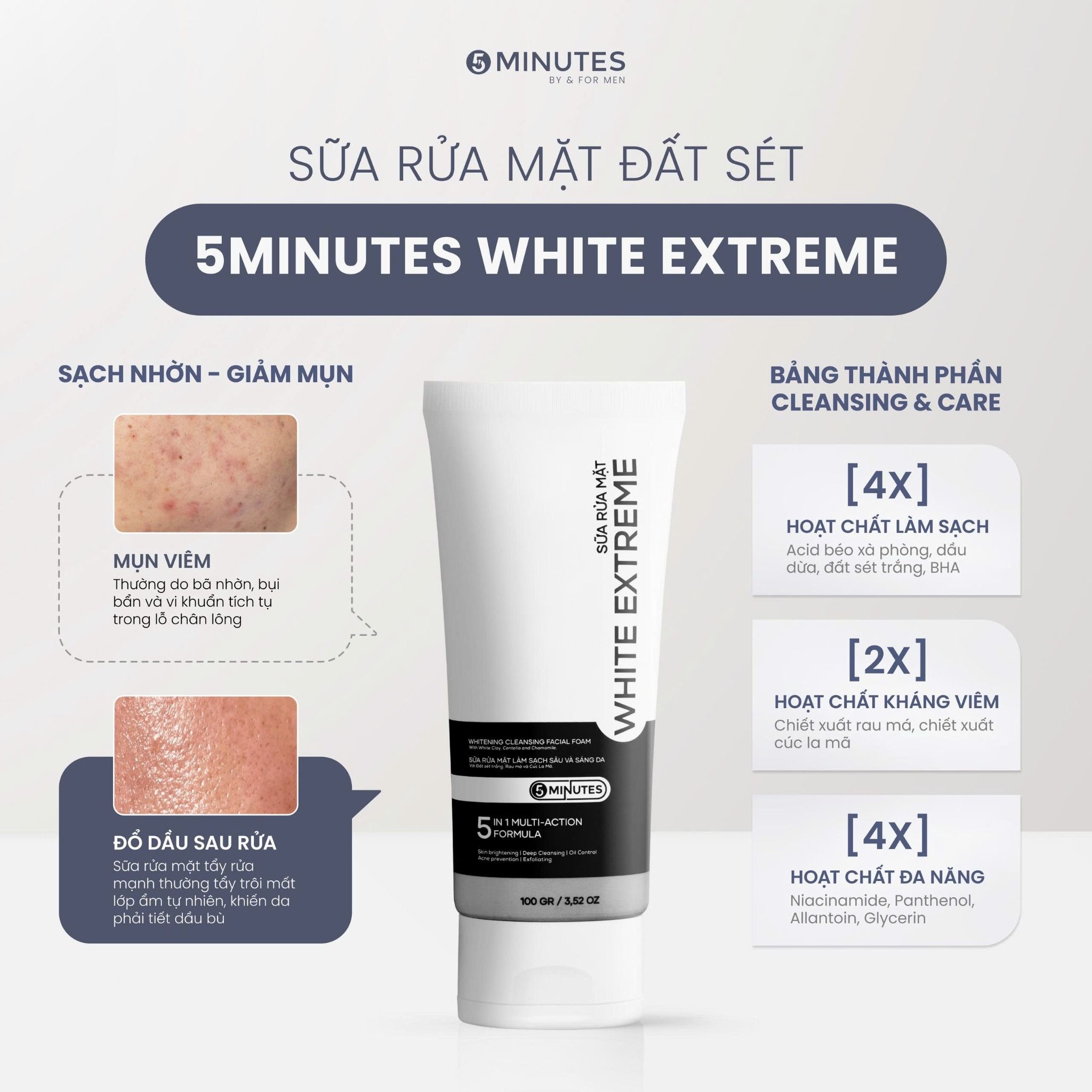  Combo 2 bước Sáng Da & Sạch Sâu với Sữa rửa mặt cho nam 5MINUTES White Extreme & Serum 5MINUTES Tone Brightening 