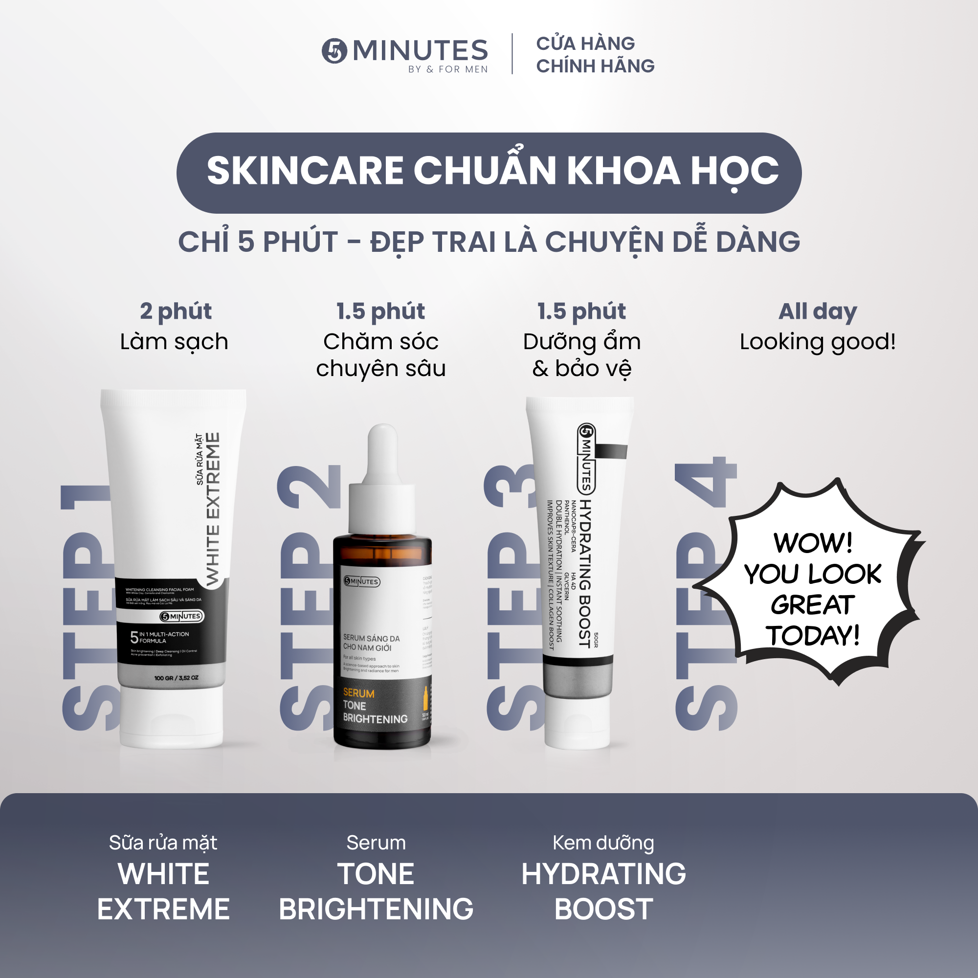  Combo 3 bước Sạch Sáng Khỏe gồm Sữa rửa mặt & Serum & Kem dưỡng cho nam giới 5MINUTES 