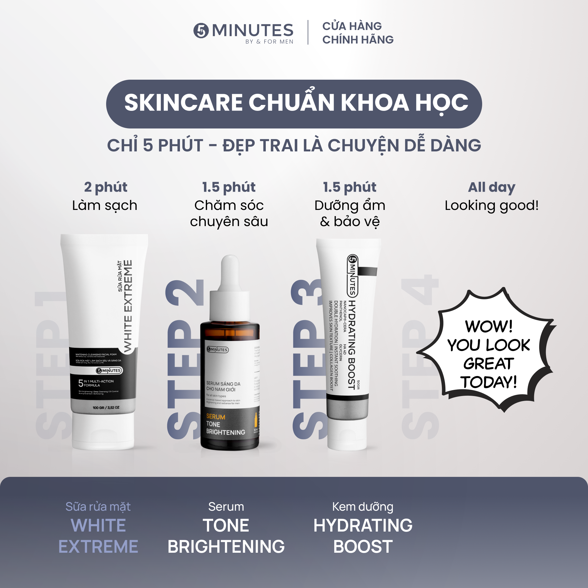  Combo 2 bước Sáng Da & Kiềm Dầu với Serum cho nam giới 5MINUTES Tone Brightening & Kem dưỡng 5MINUTES Hydrating Boost 