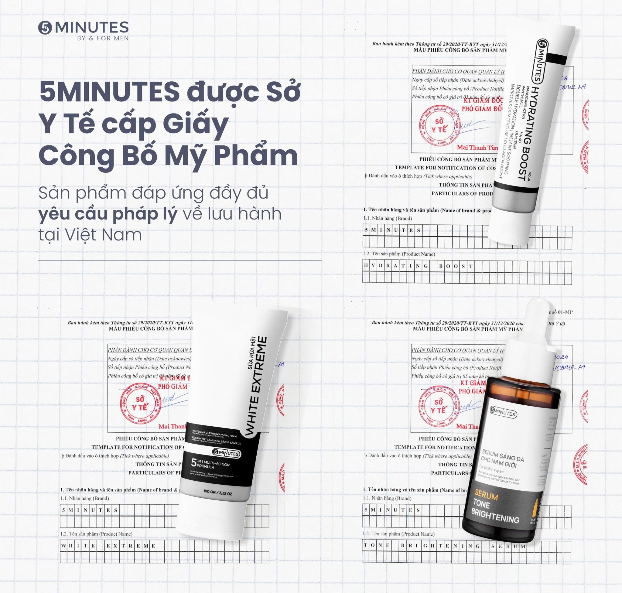  Combo 3 bước Sạch Sáng Khỏe gồm Sữa rửa mặt & Serum & Kem dưỡng cho nam giới 5MINUTES 