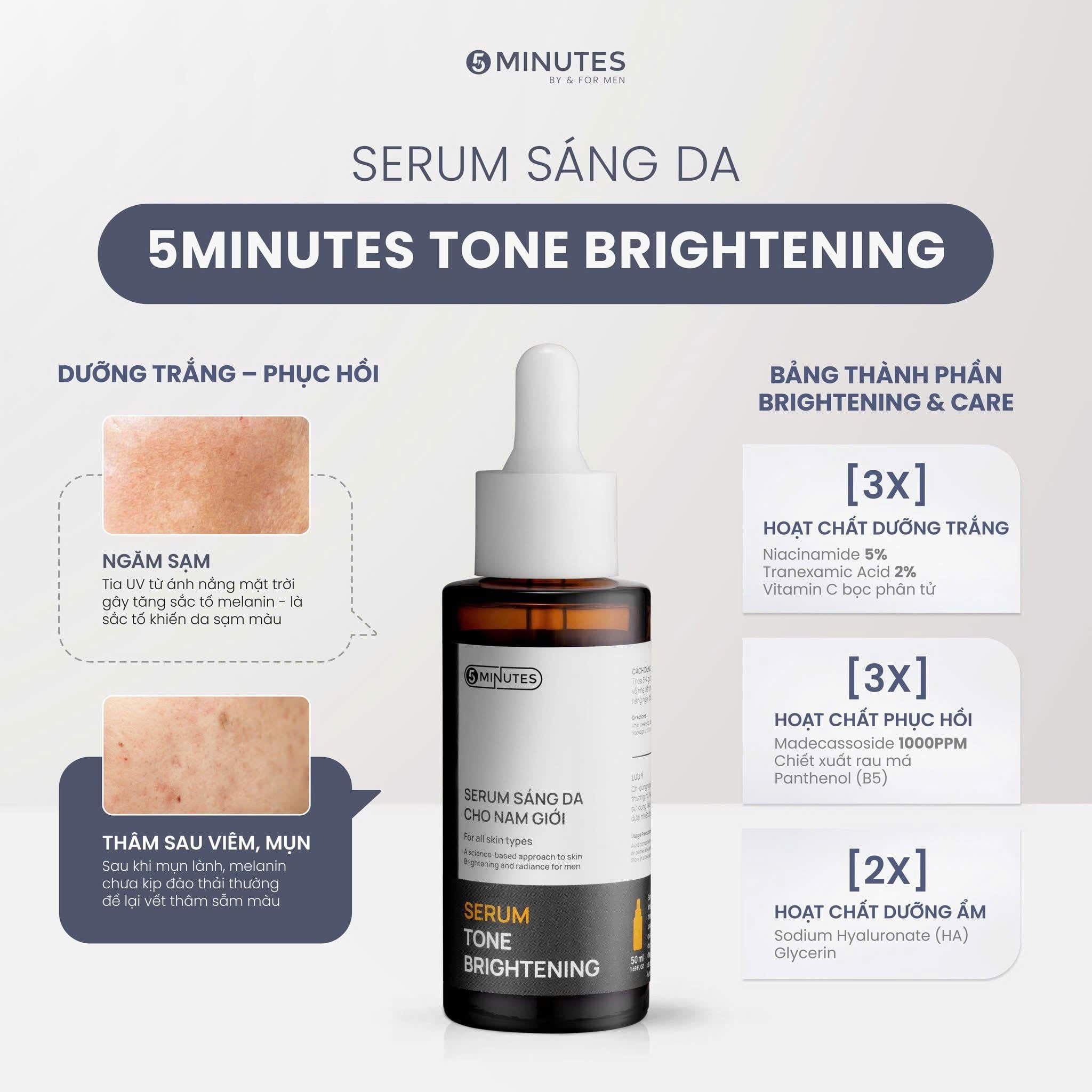  Serum cho nam giới Sáng da Cấp ẩm Phục hồi 3 trong 1 5MINUTES Tone Brightening 50ML 