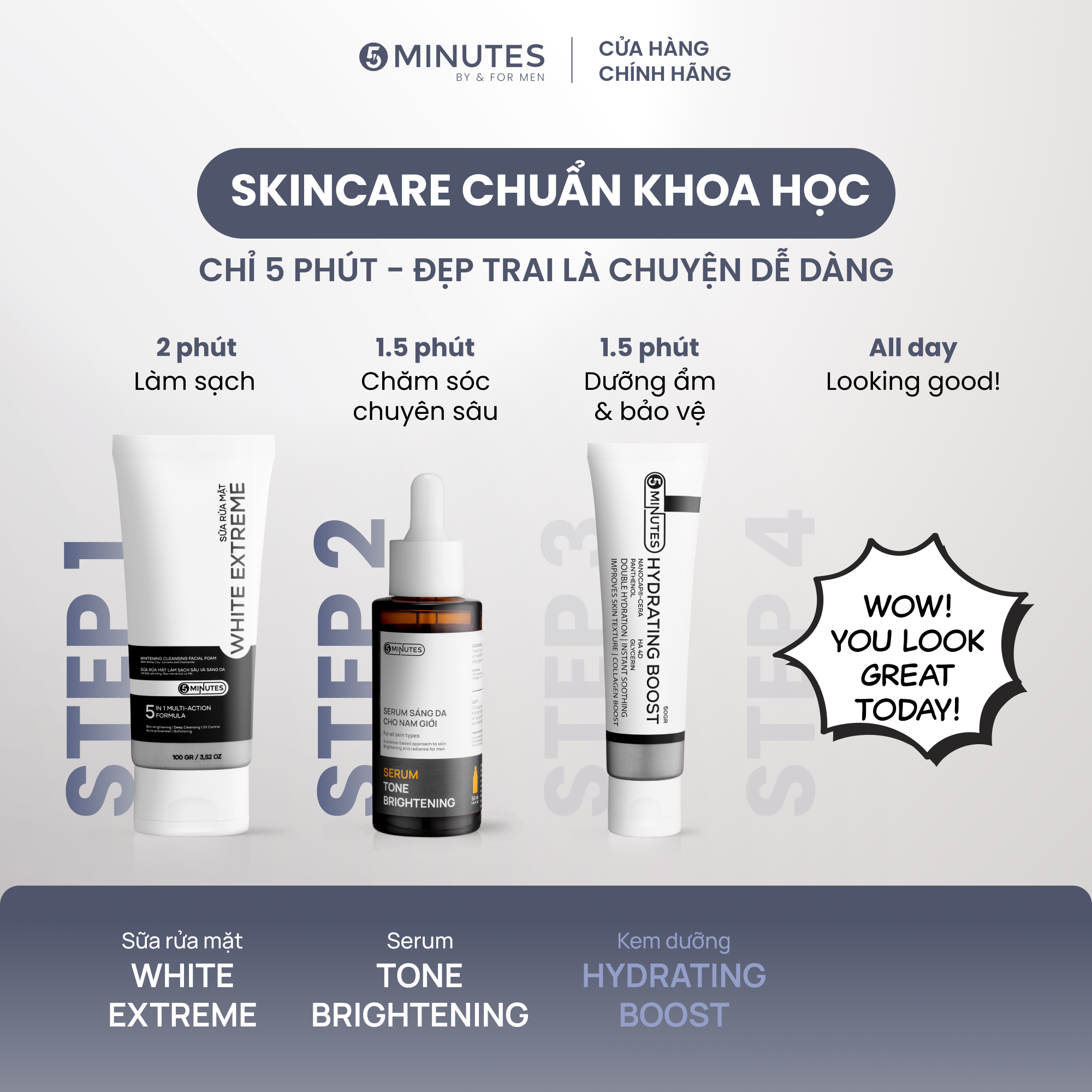  Combo 2 bước Sáng Da & Sạch Sâu với Sữa rửa mặt cho nam 5MINUTES White Extreme & Serum 5MINUTES Tone Brightening 
