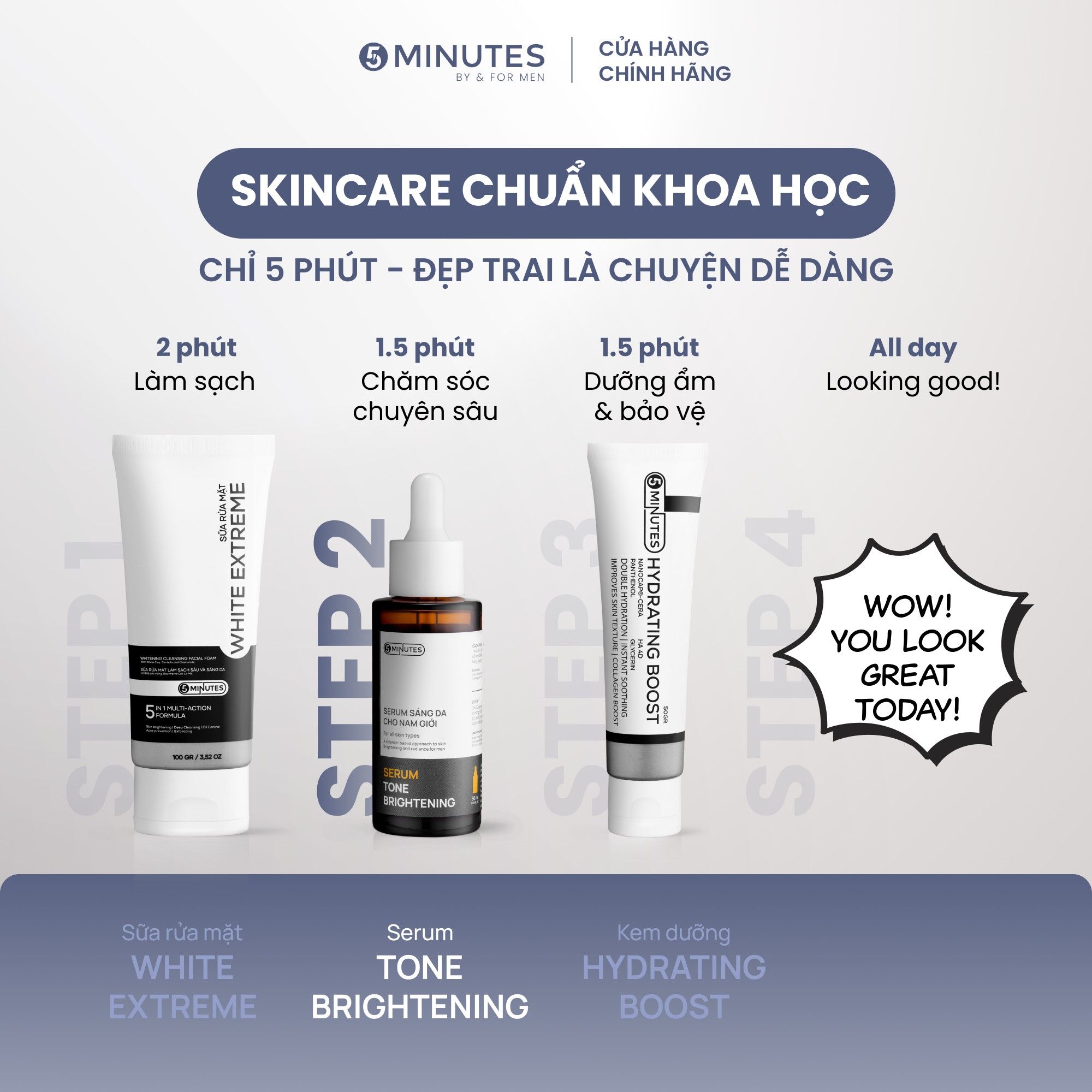  Serum cho nam giới Sáng da Cấp ẩm Phục hồi 3 trong 1 5MINUTES Tone Brightening 50ML 