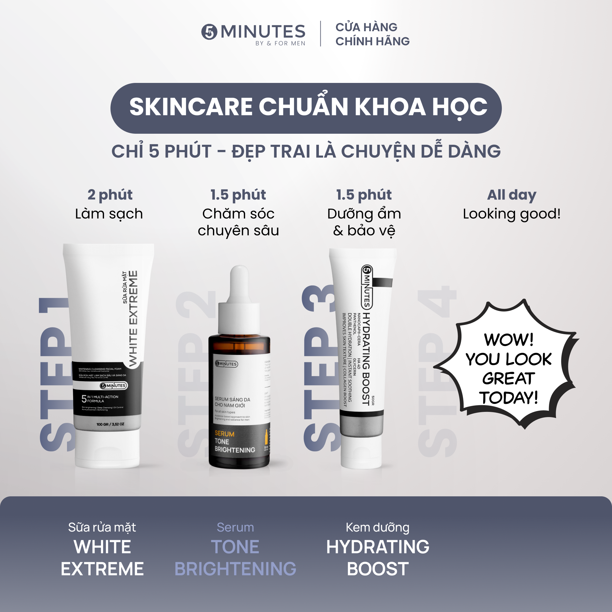  Combo 2 bước Sạch Sâu & Kiềm Dầu với Sữa rửa mặt nam giới 5MINUTES White Extreme & Kem dưỡng 5MINUTES Hydrating Boost 