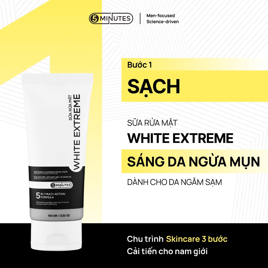  Combo 3 bước Sạch Sáng Khỏe gồm Sữa rửa mặt & Serum & Kem dưỡng cho nam giới 5MINUTES 