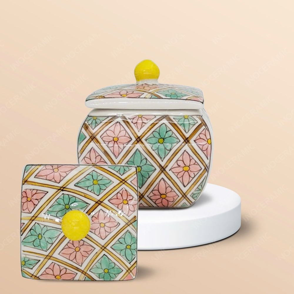 Bộ 6 hũ mứt vuông bầu vẽ trang trí Bát Tràng – Quà Tết cao cấp