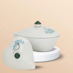 Khay 3 hũ mứt tim vẽ hoa sen xanh Bát Tràng – Quà Tết in logo tinh tế