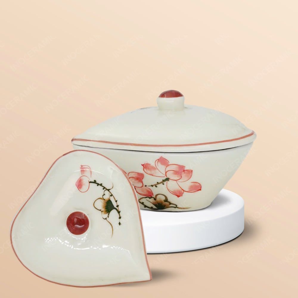 Bộ hũ mứt tim vẽ sen hồng