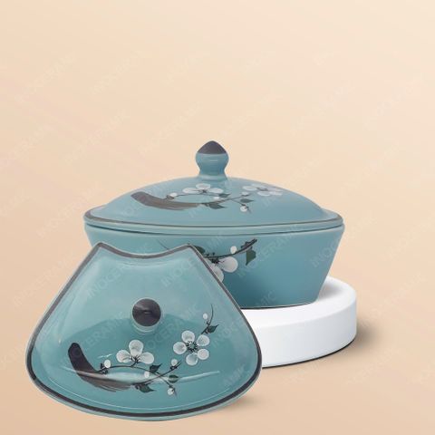 Bộ 06 hũ mứt men lam hoa đào trắng