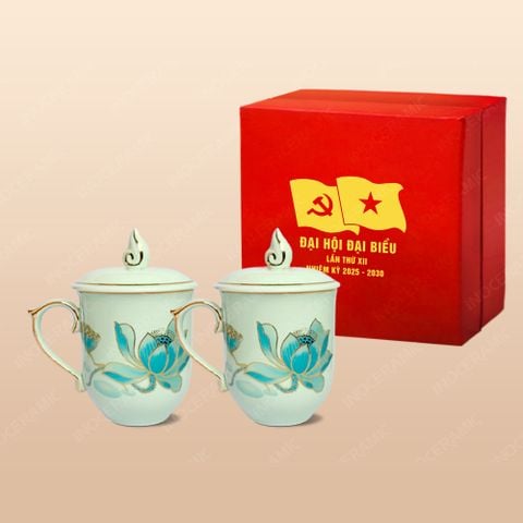 Quà tặng Đại hội Đảng - Bộ 02 ly ngọn lửa kẻ vàng sen xanh men ngọc