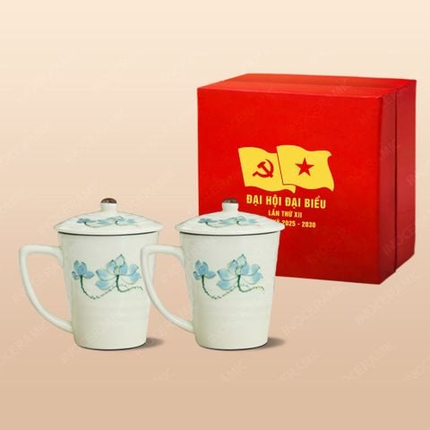 Quà tặng Đại hội Đảng - Bộ 02 ly vẽ tay có nắp sen xanh 350ml