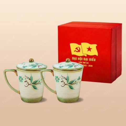 Quà tặng Đại hội Đảng - Bộ 02 ly sứ có nắp vẽ trúc 350ml