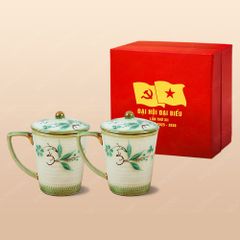 Quà tặng Đại hội Đảng - Bộ 02 ly sứ có nắp vẽ trúc 350ml