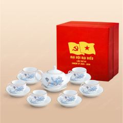 Quà tặng Đại hội Đảng - Bộ ấm trà Minh Nguyệt sen xanh kẻ vàng