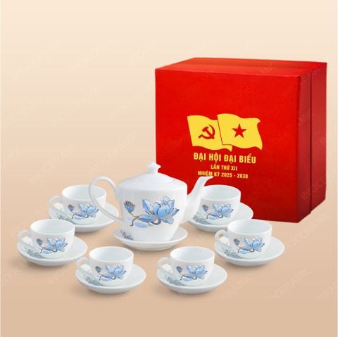 Bộ ấm trà Vai Vuông sen xanh | Quà tặng tri ân Đại hội in logo