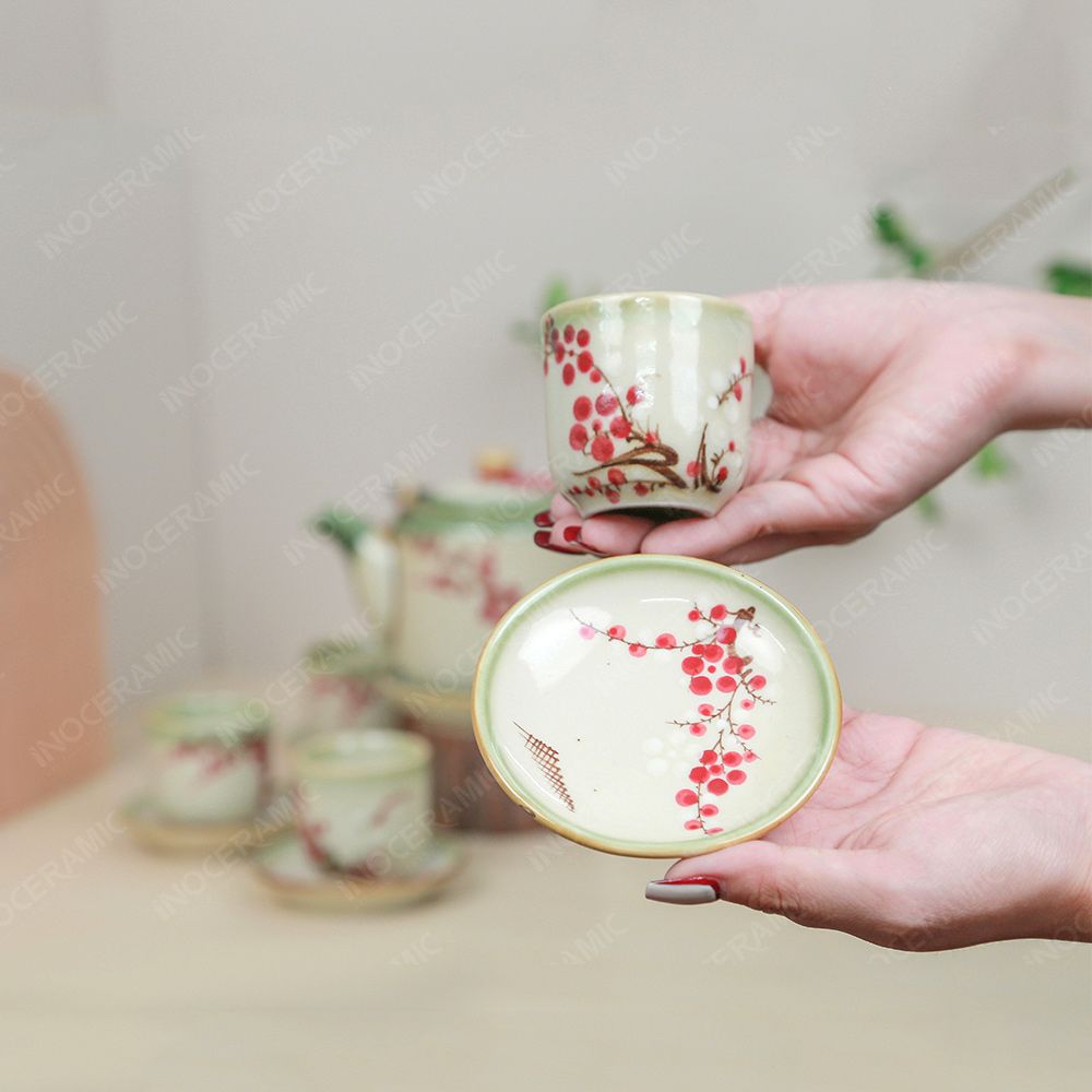 Bộ ấm trà quai đồng men ngọc cành đào đông đỏ vẽ tay