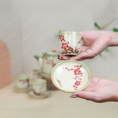 Bộ ấm trà quai đồng men ngọc cành đào đông đỏ vẽ tay