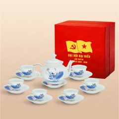 Quà tặng Đại hội Đảng - Bộ ấm trà Đài Các miệng lượn sen xanh vẽ vàng