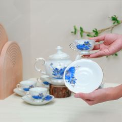 Bộ ấm trà Đài Các miệng lượn sen xanh vẽ vàng
