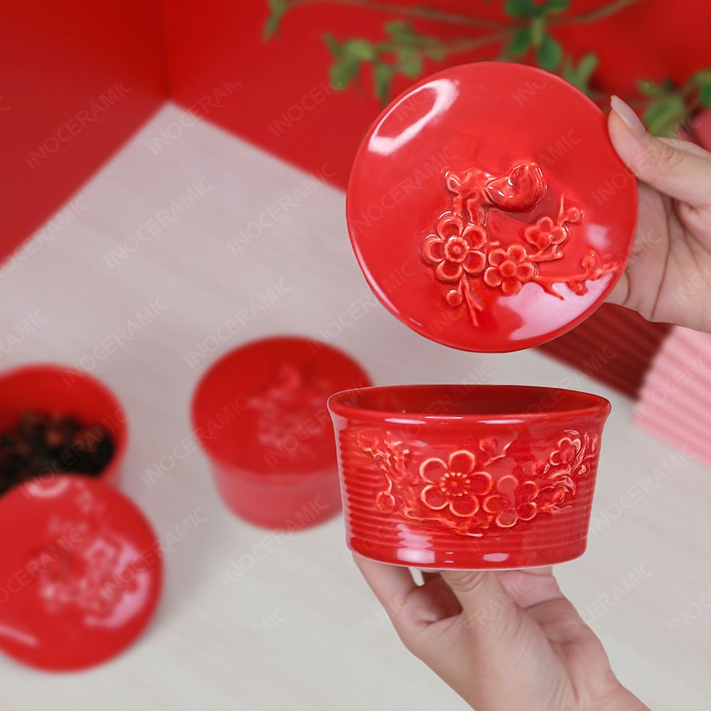 Bộ 03 hũ mứt hoa mai men đỏ