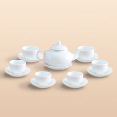 Bộ ấm trà ba men trắng in logo