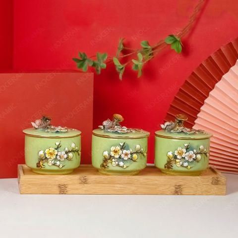 Bộ 03 hũ mứt hoa đào đắp nổi kẻ chỉ vàng