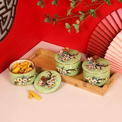 Bộ 03 hũ mứt hoa đào đắp nổi kẻ chỉ vàng